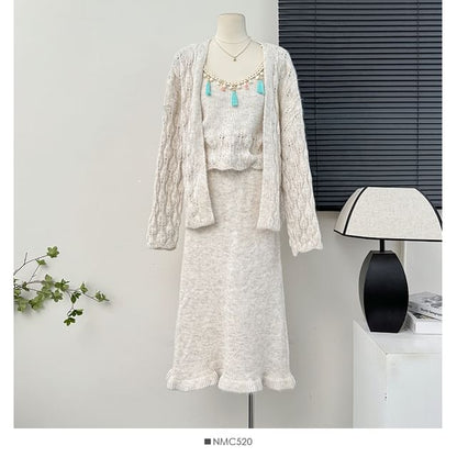 Ethnic Fringed Tank Top + Midi Skirt + Cardigan Set