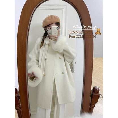 Plain Fluffy Trim Double-Breasted Coat