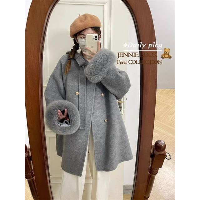 Plain Fluffy Trim Double-Breasted Coat