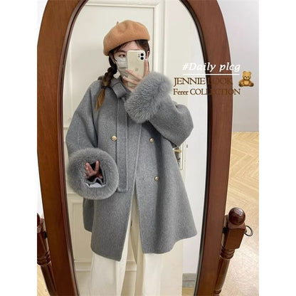 Plain Fluffy Trim Double-Breasted Coat