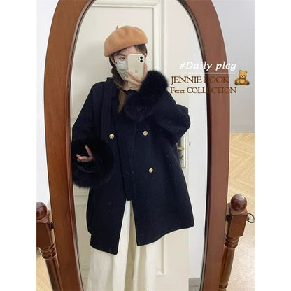 Plain Fluffy Trim Double-Breasted Coat