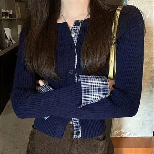 Crewneck Button-Up Plain Crop Cardigan