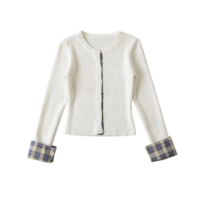 Crewneck Button-Up Plain Crop Cardigan