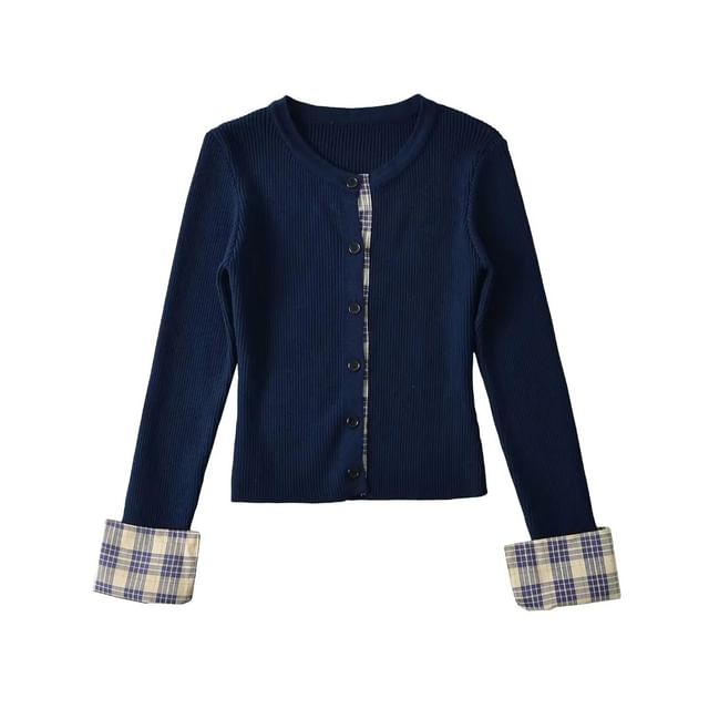 Crewneck Button-Up Plain Crop Cardigan