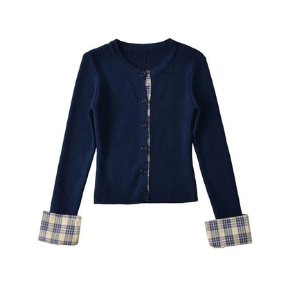 Crewneck Button-Up Plain Crop Cardigan