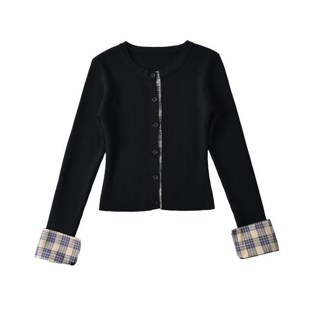 Crewneck Button-Up Plain Crop Cardigan