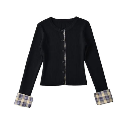 Crewneck Button-Up Plain Crop Cardigan