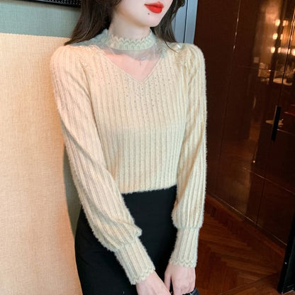 Chic Mock Neck Lace Panel Shirt