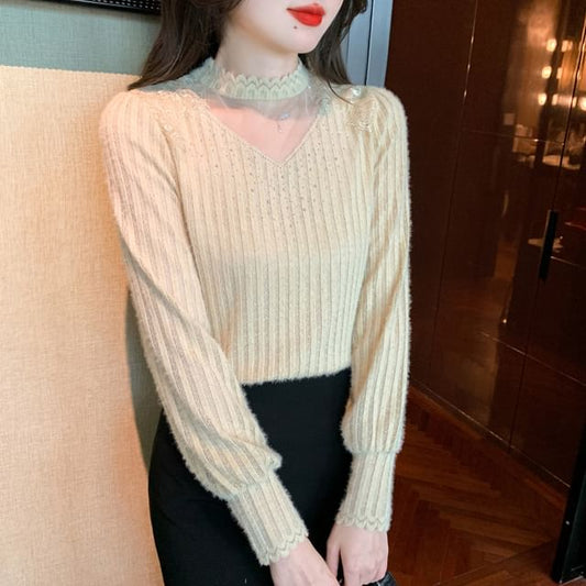 Chic Mock Neck Lace Panel Shirt
