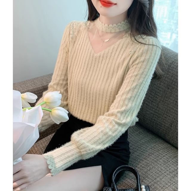 Chic Mock Neck Lace Panel Shirt
