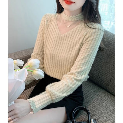 Chic Mock Neck Lace Panel Shirt