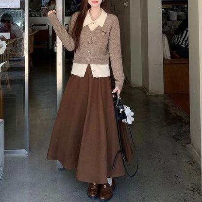 Collared Cardigan and Maxi Skirt Set with Mock Two Piece