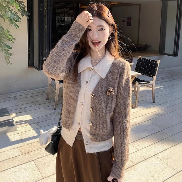 Collared Cardigan and Maxi Skirt Set with Mock Two Piece