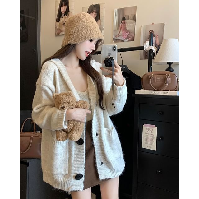 Hooded Button-Front Plain Cardigan