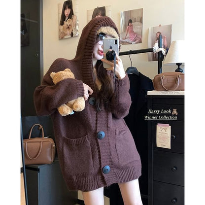 Hooded Button-Front Plain Cardigan