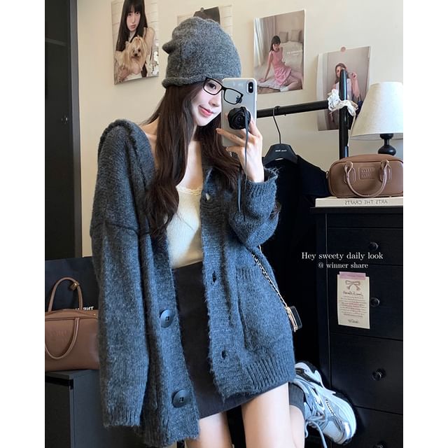 Hooded Button-Front Plain Cardigan