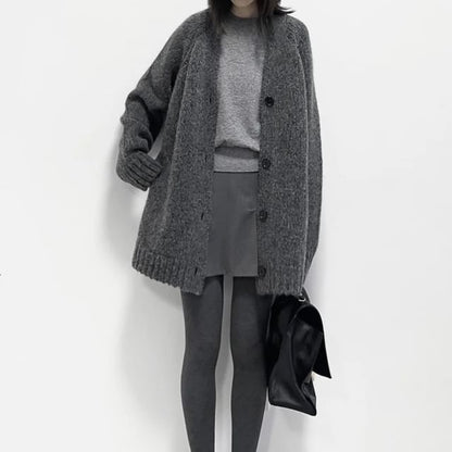 V-Neck Plain Button Oversized Cardigan