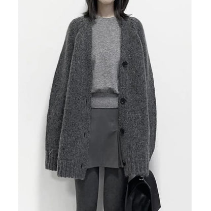 V-Neck Plain Button Oversized Cardigan