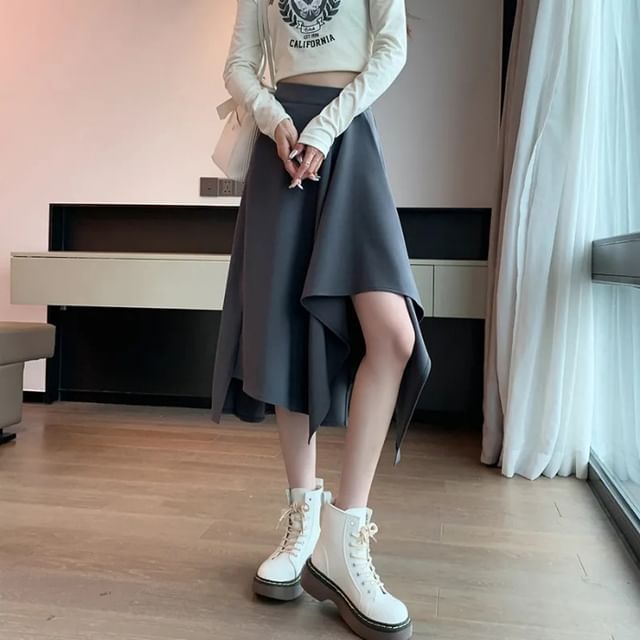 Asymmetric Plain Midi Skirt with High Waist