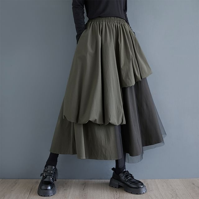 Panel Mesh Midi A-Line Skirt with Elastic Waistband