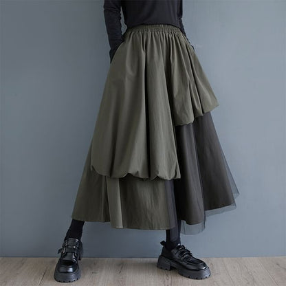 Panel Mesh Midi A-Line Skirt with Elastic Waistband