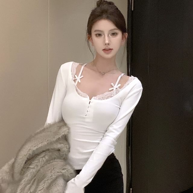 Mock Two-Piece Lace Trim Long-Sleeve Top