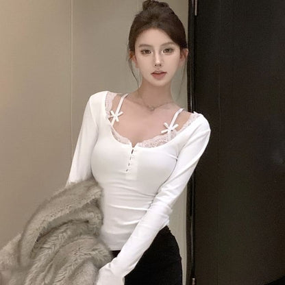 Mock Two-Piece Lace Trim Long-Sleeve Top