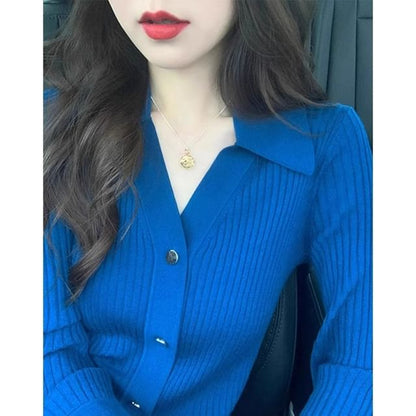 V-Neck Collared Plain Button-Up Cardigan