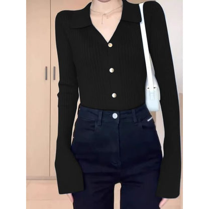 V-Neck Collared Plain Button-Up Cardigan