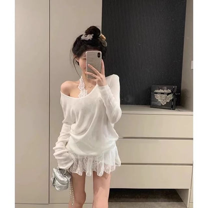 Off-Shoulder Knit Top and Halter Lace A-Line Dress Set