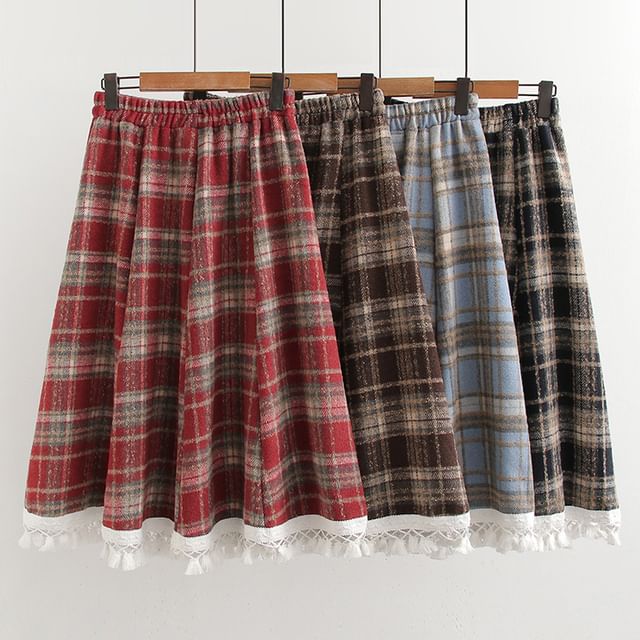 Plaid Midi A-Line Skirt with High Waist