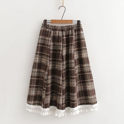 Plaid Midi A-Line Skirt with High Waist