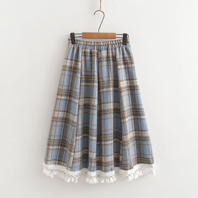 Plaid Midi A-Line Skirt with High Waist
