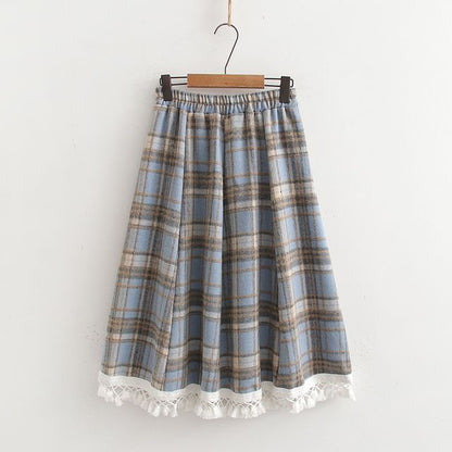 Plaid Midi A-Line Skirt with High Waist
