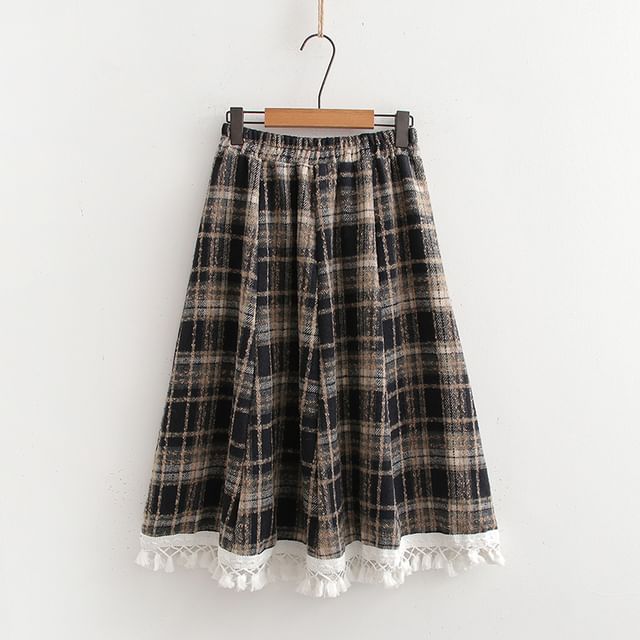 Plaid Midi A-Line Skirt with High Waist