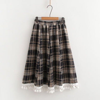 Plaid Midi A-Line Skirt with High Waist