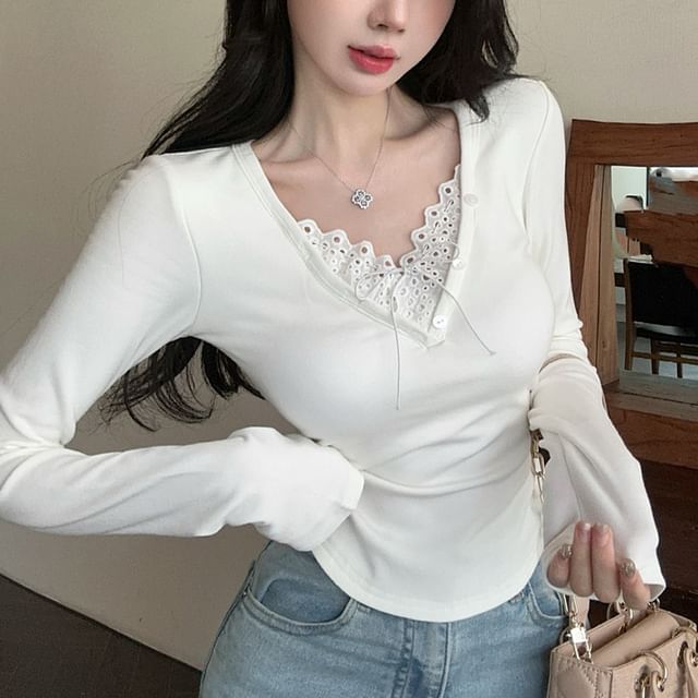 V-Neck Lace Trim Crop Top with Extended Sleeves