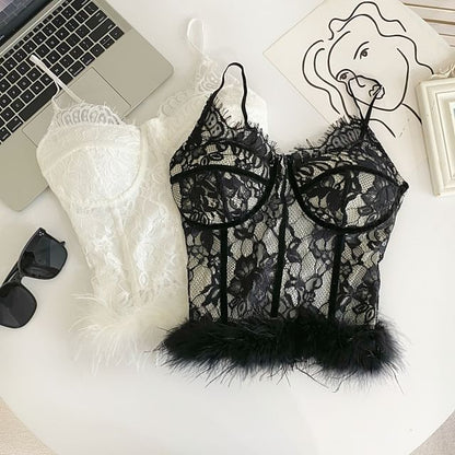 V-Neck Lace Trim Fluffy Hem Corset Top