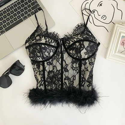 V-Neck Lace Trim Fluffy Hem Corset Top