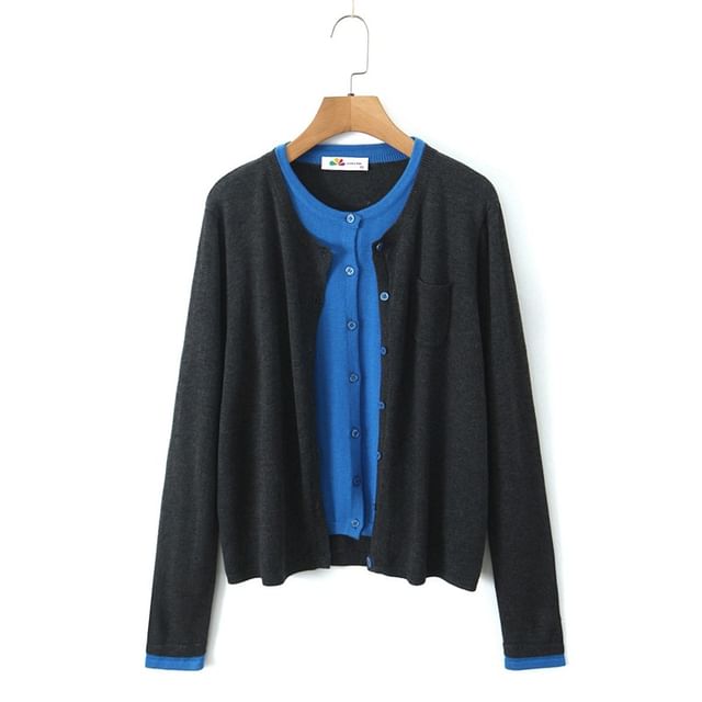 Plus Size Round Neck Mock Two Piece Button Up Cardigan