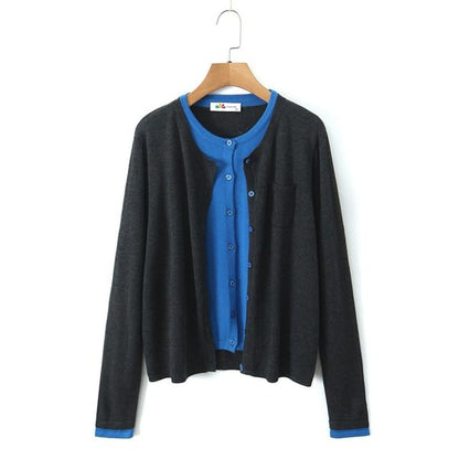 Plus Size Round Neck Mock Two Piece Button Up Cardigan