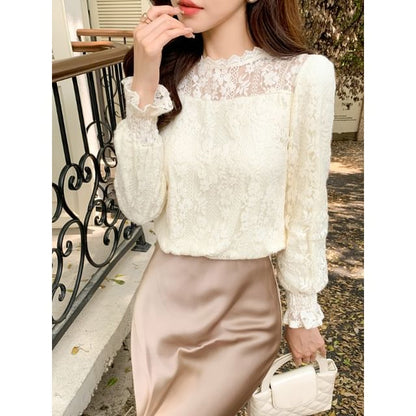 Stand Collar Lace Blouse with Long Sleeves