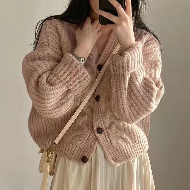V-Neck Plain Button-Up Cable Knit Cardigan