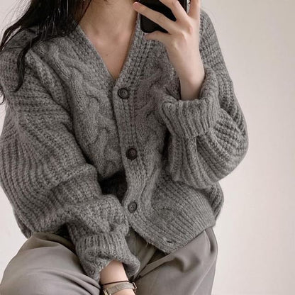 V-Neck Plain Button-Up Cable Knit Cardigan