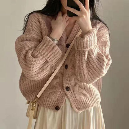 V-Neck Plain Button-Up Cable Knit Cardigan
