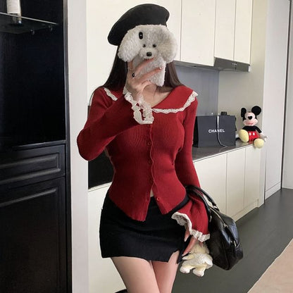 Lace Trim Collar Long Sleeve Cardigan