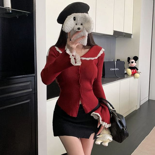 Lace Trim Collar Long Sleeve Cardigan