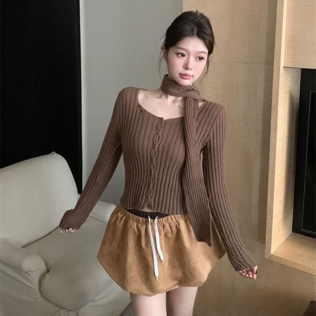 Ribbed Square Neck Knit Sweater