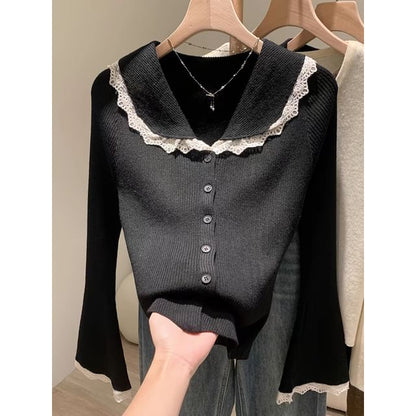 Lace Trim Collar Long Sleeve Cardigan