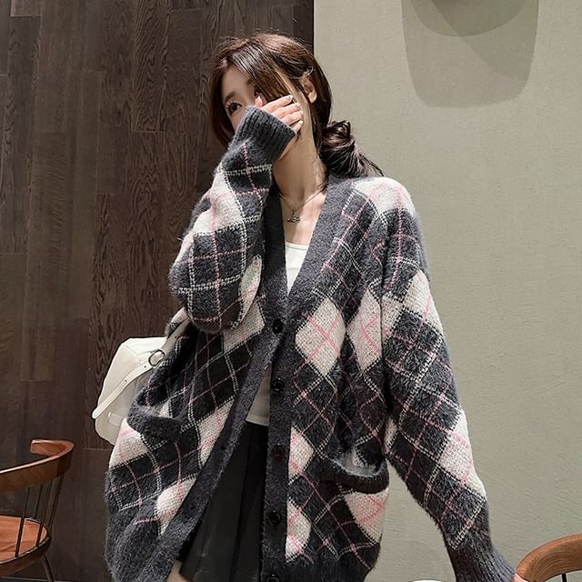 V-Neck Argyle Oversized Cardigan